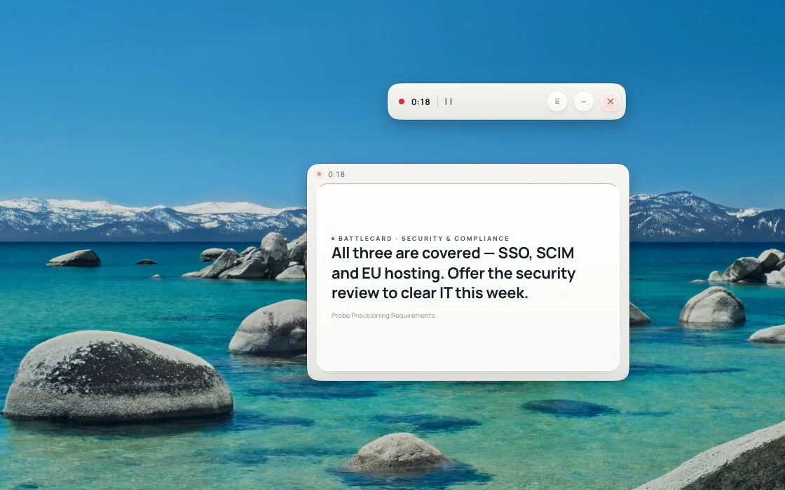 Demonstration desktop during a call: the small timer pill and the floating coaching card with a battlecard answer (not the app window)